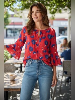 Liz Claiborne Red Floral Keyhole Bell-Sleeve Blouse